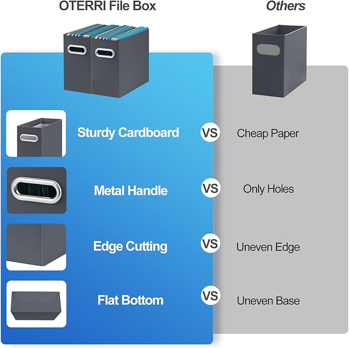 Oterri File Organizer, Small Storage Box, Cardboard File Folder Organizer, Collapsible File Box, Hanging File Organizer for Letter Size, Portable File Box with Handle, Only Box (Dark Grey,8 Packs)