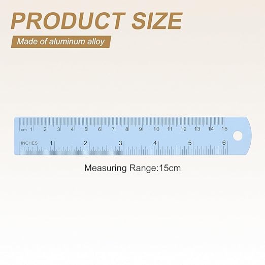HARFINGTON 4pcs Metal Straight Ruler 15cm Metric SAE Aluminum Alloy Measuring Rulers Scale Tool with Hole for Measure Study Reading Classroom Office, Light Blue