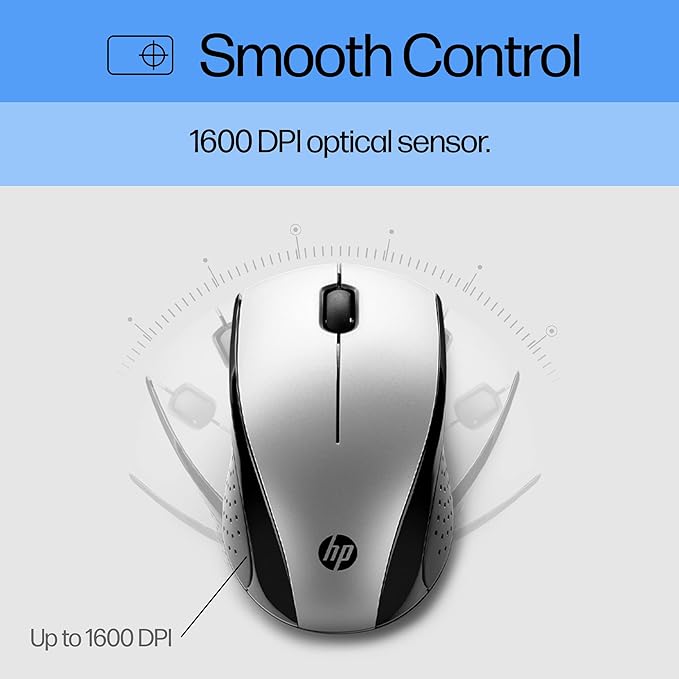 HP X3000 G3 Wireless Mouse Silver, up to 15-Month Battery,Scroll Wheel, Side Grips for Control, Travel-Friendly, Blue LED, Powerful 1600 DPI Optical Sensor, Win XP,8, 11 Compatible (683N9AA#ABL)