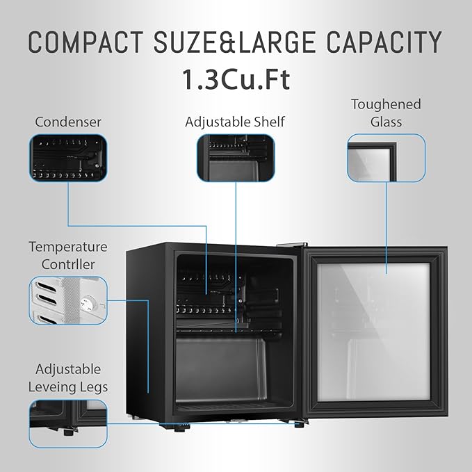 Beverage Refrigerator, 1.3 Cu.Ft, Mini Fridge with Glass Door for Soda Beer, Freestanding Beverage Cooler for Office, Bar, Adjustable Shelving&Adjustable Foot