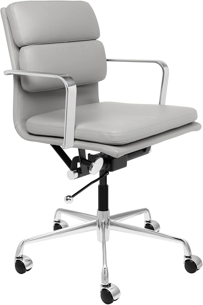 Laura Davidson Furniture SOHO II Padded Management Office Chair - Mid Back Desk Chair with Arm Rest, Swivel & Cushion Availability, Made of Faux Leather, Grey, Computer Chair
