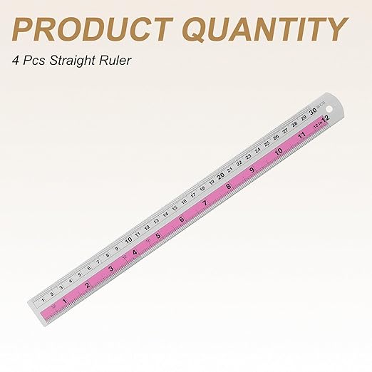 HARFINGTON 4pcs Metal Straight Ruler 30cm Metric SAE Aluminum Alloy Measuring Rulers Scale Tools with Hole for Measure Study Reading Classroom Office, Pink