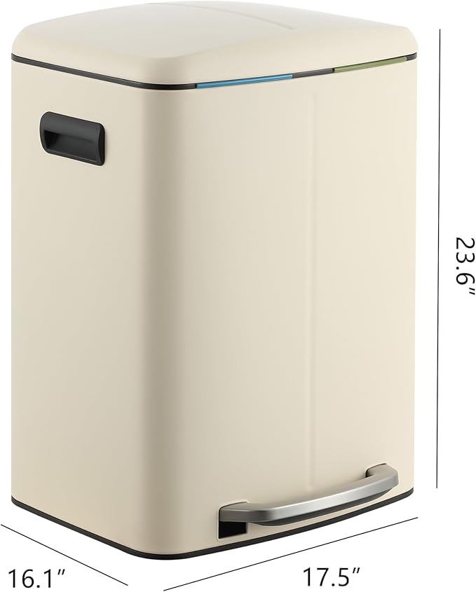 happimess HPM1005F Marco Rectangular 10.6-Gallon Double Bucket Trash Can with Soft-Close Lid, Fingerprint Resistant, Modern, Minimalistic for Home, Kitchen, Office, Bathroom, Limestone Beige