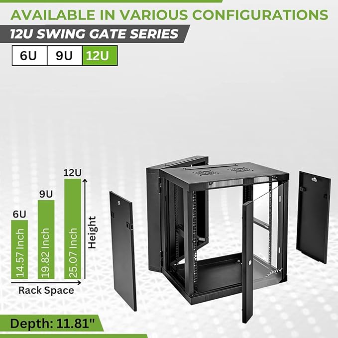 NavePoint Server Cabinet with Hinged Back - 17.7' Deep, 12U Rack Enclosure with Locking Glass Door, Wall Mount Rack with Removable Side Panels, Network Cabinet with 2 Fans, Assembled