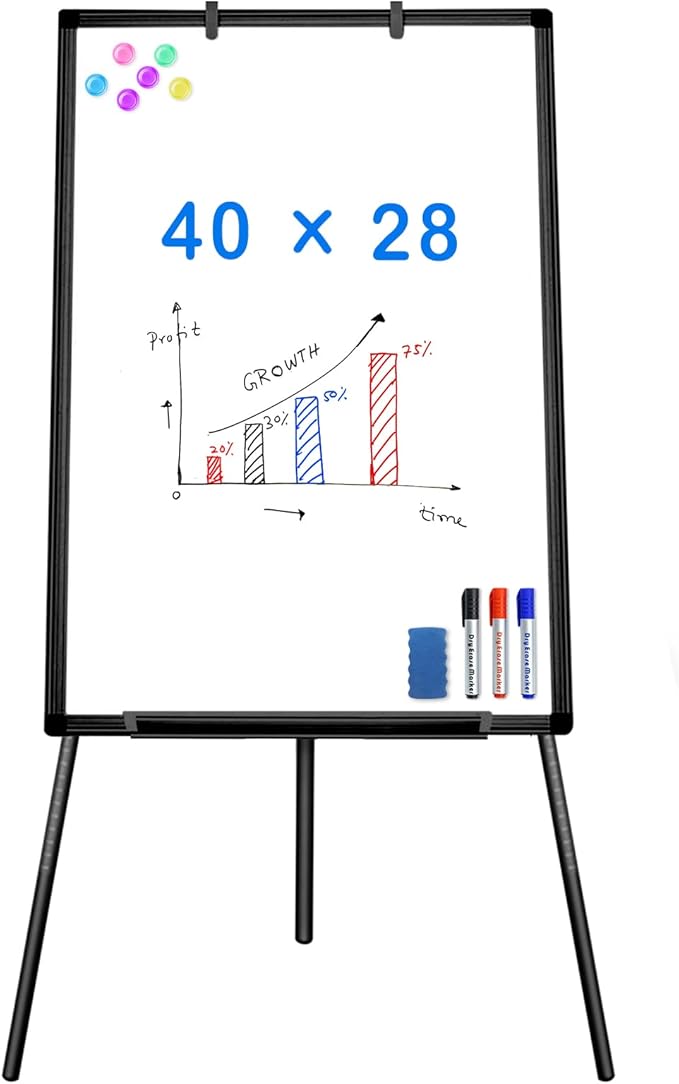 Easel Whiteboard - Black Magnetic Portable Dry Erase 40 x 28 Tripod Height Adjustable, Flipchart Easel Stand White Board for Office