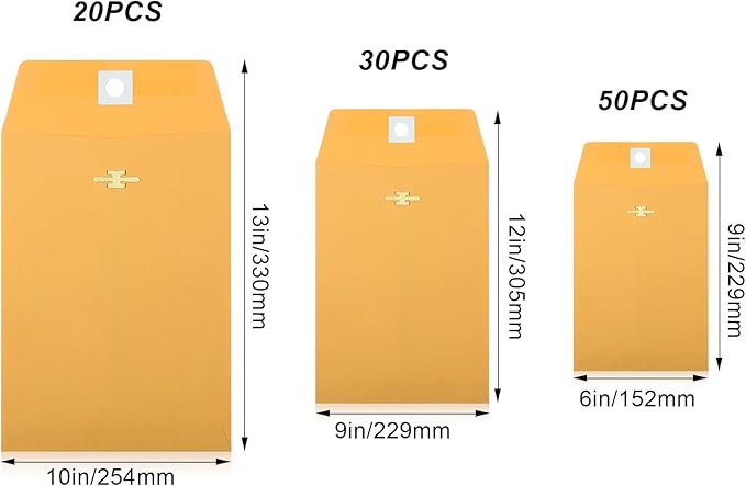 Zonon 100 Pieces 3 Sizes Clasp Envelopes Kraft Paper Catalog Clasp Envelope with Clasp Closure for Filing, Storing, Privacy Ensuring or Mailing Documents (10 x 13 Inch, 9 x 12 Inch, 6 x 9 Inch)