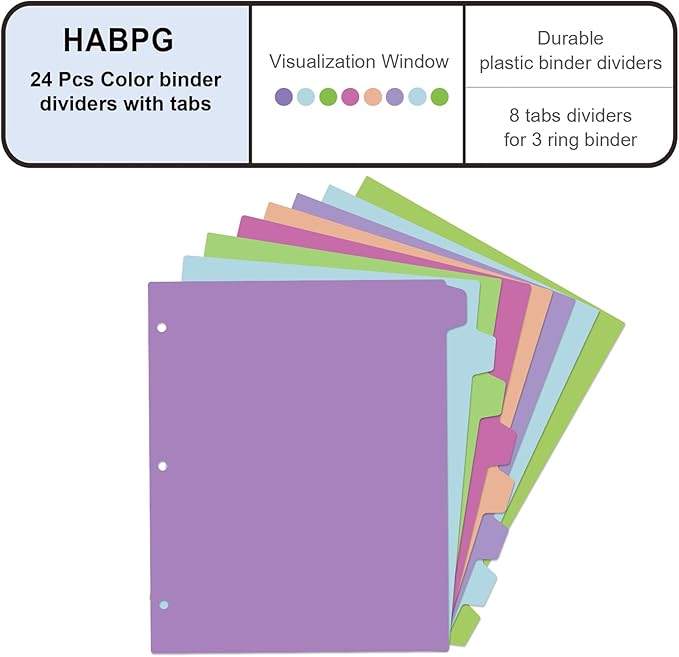 HABGP 24Pcs/3 Set Binder Dividers with Tabs, 8 Color Tab for 3 Ring Binder Dividers, Page Folder Dividers for 3 Ring Binder Sheet Paper Protectors, Plastic Tabbed File Dividers with Tabs