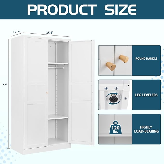 MIIIKO Wardrobe Closet with 2 Doors, 72" Metal Clothing Storage Cabinets with Hanging Rod, Bedroom Armoires Laundry Room and Office Clothes Storage Organizer Cabinets