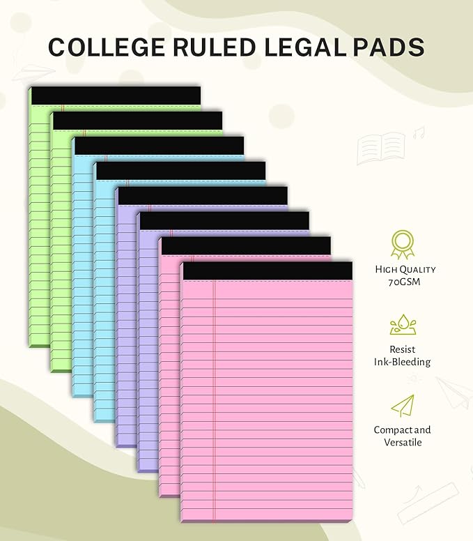 Note Pads 5x8, Narrow Ruled Legal Pad, Multicolor Small Notepads, 30 Sheet/notepad, 8 Pack Colored Legal Pads, Pink Legal Pad, Purple Notepad, Perforated Lined Note Pads for Study, Office, To-Do Lists