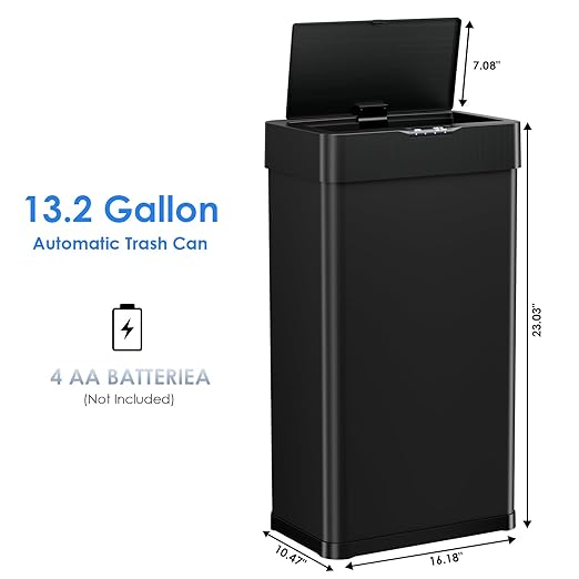 AthLike Sensor Trash Can, Touchless Motion Sensor Trash Bin, Smart Automatic Garbage Can with Soft-Close Lid, Bag Retainer Ring and Display Light,for Kitchen,Living Room Office (Black, 13.2 Gal)