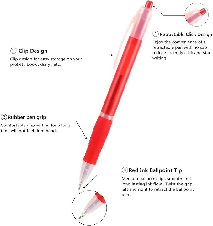 Aozora Retractable Pens Ballpoint Super Smooth Writing Pens Bulk 100 pack Medium Point 1.0mm No Bleed Click Pens with Soft Grip Red Ink