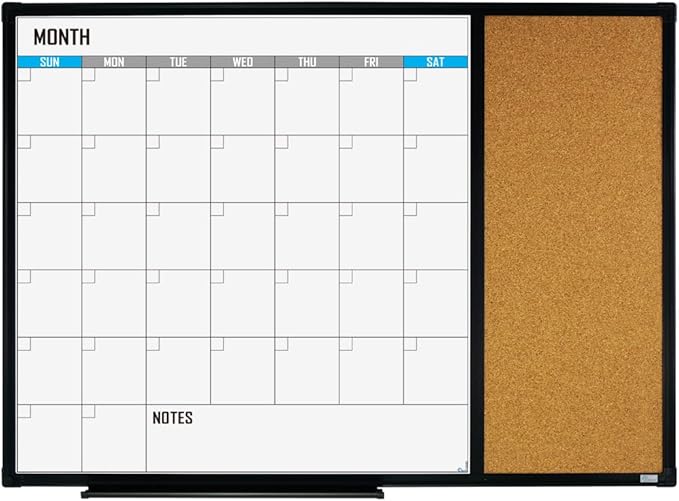 XBoard Dry Erase Calendar Whiteboard 28 X 20 - Combo White Board Calendar Monthly, Magnetic White Board + Corkboard with Black Aluminum Frame