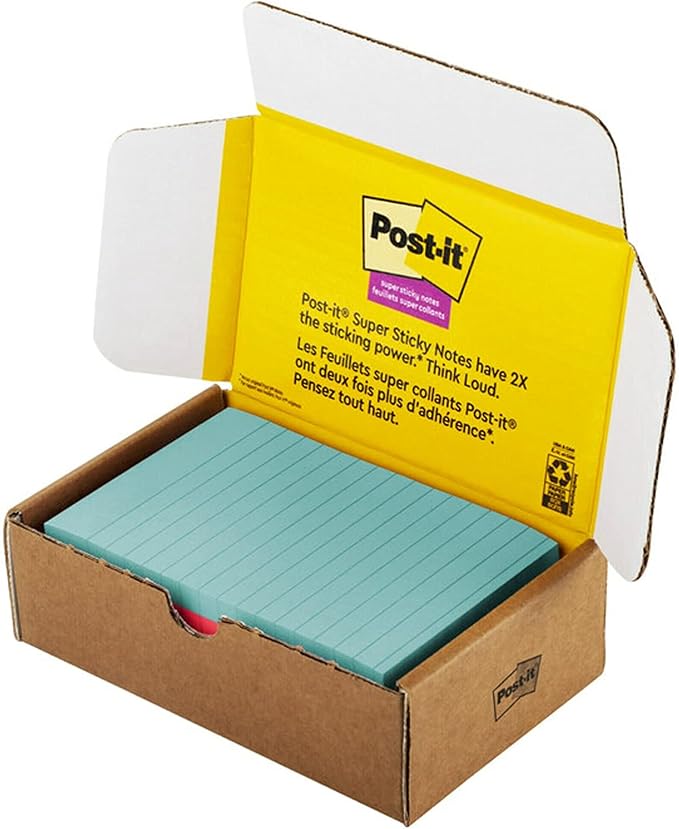 Post-it Super Sticky Lined Notes, 5 Sticky Note Pads, 4x6 in, 2X The Sticking Power, School Supplies, Office Products, Sticky Notes for Vertical Surfaces, Monitors, Walls and Windows, Bright Colors