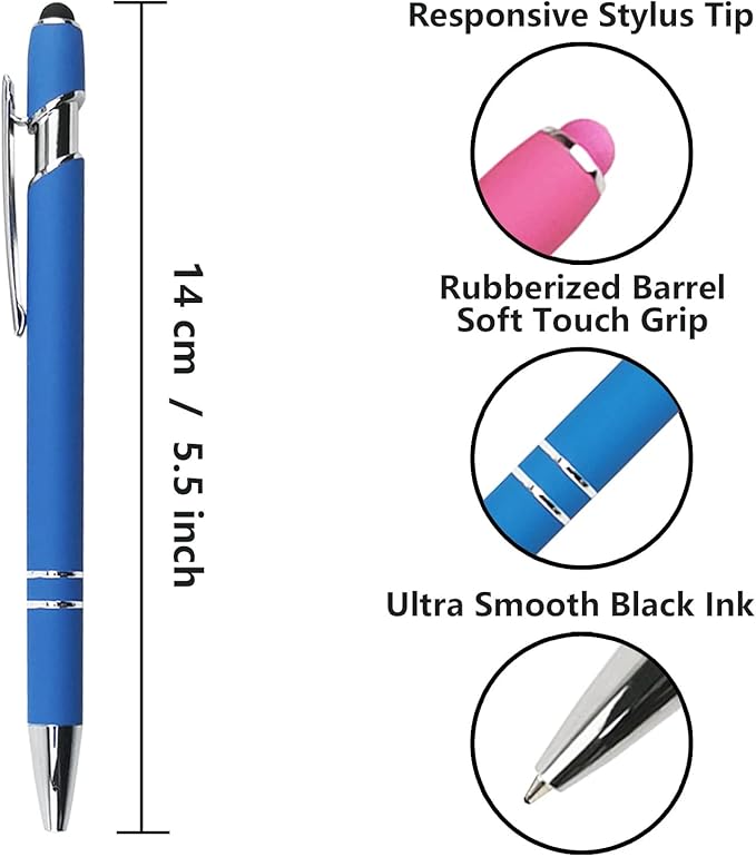 Ballpoint Pen with Stylus Tip, Soft Touch Click Metal Pen, 1.0mm Medium Point, Black Ink, 12 Count(Blue)