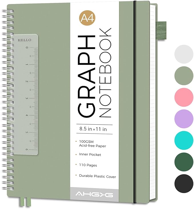AHGXG Graph Paper Notebook - Spiral Notebook 8.5" x 11", A4 Large Graph Notebook, 100 gsm Thick Grid Paper, Waterproof Plastic Cover Journals for School Writing Engineering Math, Sage Green