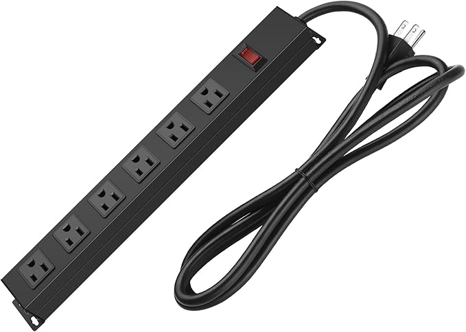 Metal Wall Mount Power Strip, Mountable Power Outlet with 6 AC Outlets, Aluminum Alloy Mount Power Socket with Switch, 6 FT SJT 3/C 14AWG Power Cord, 15A 125V 1875W (6AC) Black