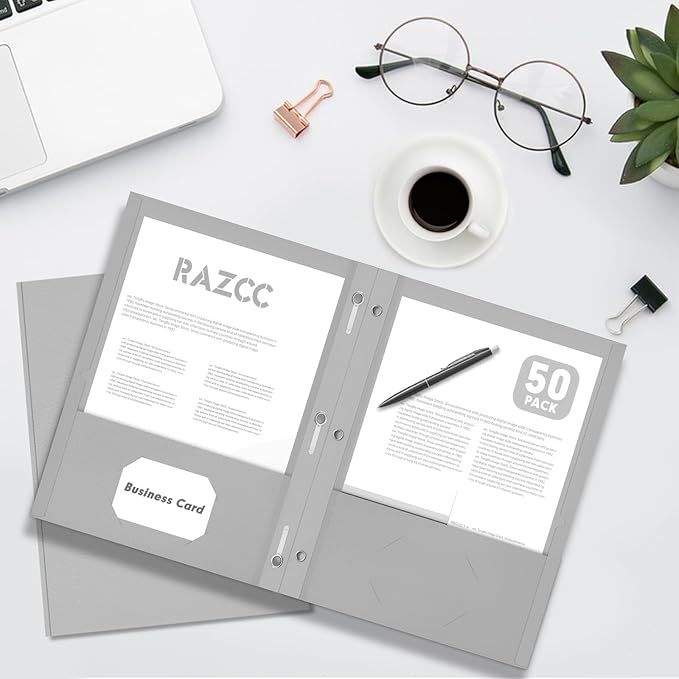 Two Pocket Folders, RAZCC 75 Pack Two Pocket Folders with Prongs, 3 Prong Folders Fit Letter Size Paper, Pocket File Folders for School Office Home Business, Grey