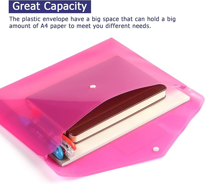 6 Pack Clear Document Folders Plastic Envelopes Poly Envelopes File Envelopes with Label Pocket and Snap Button for Home Work Office Organization, Letter Size/A4 Size (Pink)