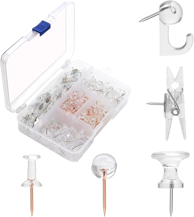 Clear Push Pins Set, 5 Styles 125-count Thumb Tacks Map Pins, Steel Point and Clear Plastic Head Pushpins Transparent Thumbtacks for Cork Board Bulletin Boards