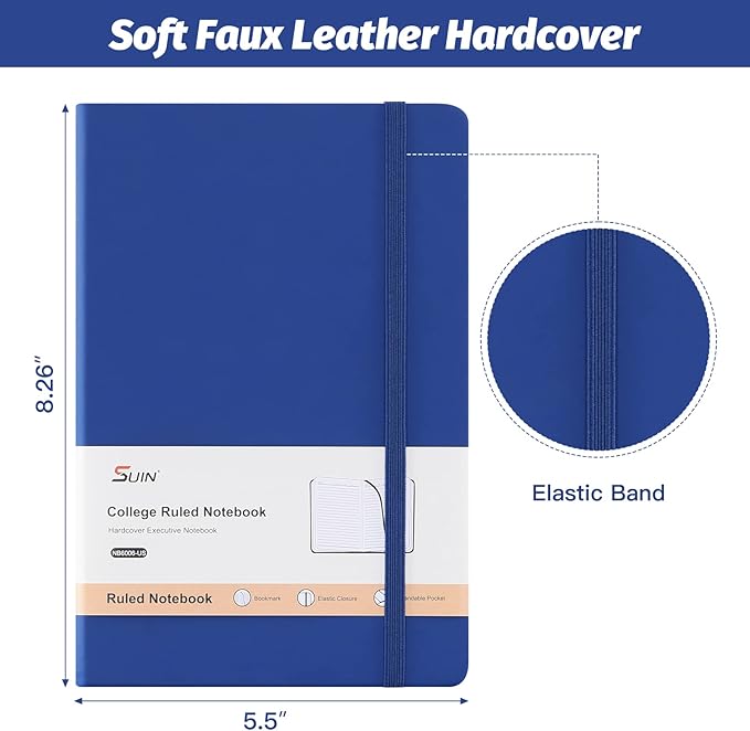 SUIN Hardcover-Journal-Notebooks, A5 Lined Journals Notebook for Writing 200 Pages, 8.2 x 5.5 inch, Classic Ruled Notebooks for Work/Travel/College (Navy Blue- 1 Pack)