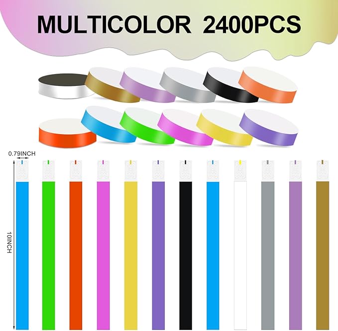 2400 Packs Paper Wristbands for Events, 12 Colors Waterproof Neon Party Wristbands Armband Paper Bracelets Identification Wristbands for Concert Club Bar Entrance Admission Party