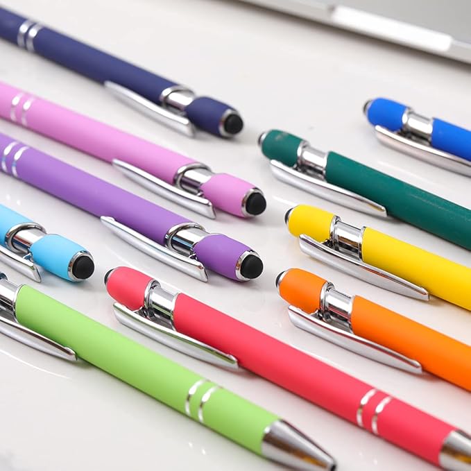 Ballpoint Pen with Stylus Tip, Soft Touch Click Metal Pen, 1.0mm Medium Point, Black Ink, 12 Count(Purple)