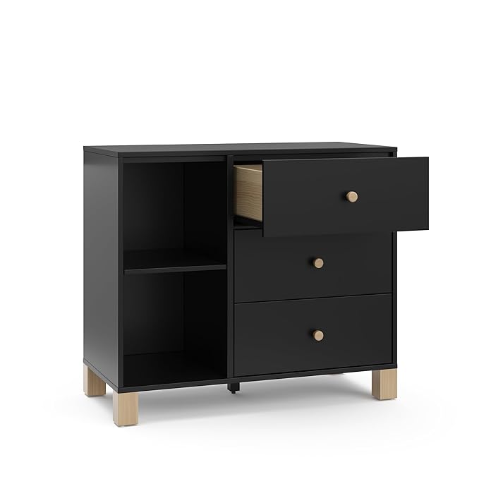 Storkcraft California 3 Drawer Combo Dresser (Black with Driftwood) – GREENGUARD Gold Certified, Interlocking Drawer System, Pre-Installed Drawer Tracks for Easier Assembly, Spacious Cabinet