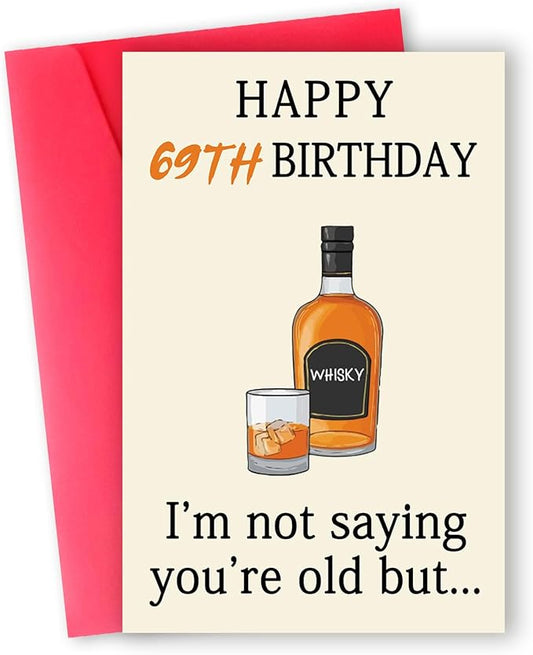 69th Birthday Card, Funny Whiskey Themed, Double-Sided, Modern Style, 8x5.3 inches, Brown with Red Envelope