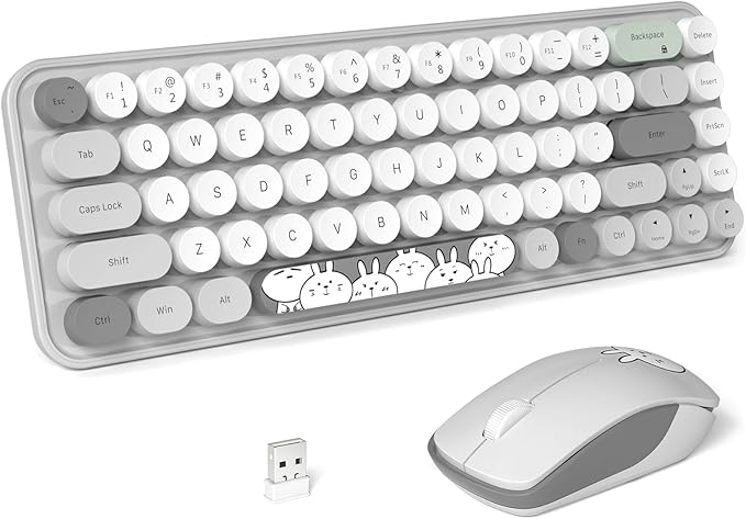 FOPETT Wireless Keyboard and Mouse Cute Mouse and Keyboard 2.4G Wireless Keyboards with Colorful 68 Keys Typewriter Retro Round Keycap for PC, Laptop,Tablet,Computer Windows - Grey Colorful