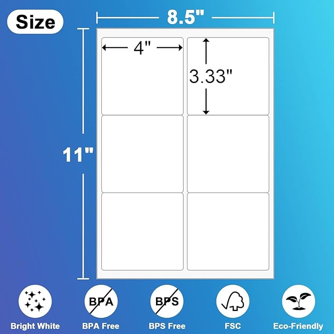 6 Up Shipping Address Labels, 3.33" X 4" (8164/5164) FBA SKU Barcode Label for Inkjet/Laser Printer (1000 Sheet -6000 Labels)