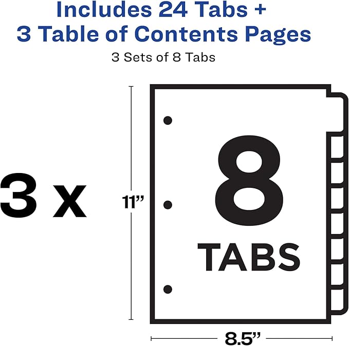 Avery 8 Tab Dividers for 3 Ring Binders, Customizable Table of Contents, Multicolor Tabs, 3 Sets (11071)
