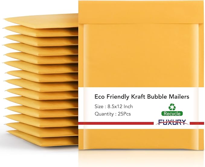 Fuxury Kraft Bubble Mailers 8.5x12 Inch 25 Pack, Strong Adhesion Padded Envelopes #2,Self Seal Bubble Envelopes, Padded Mailers,Book Mailer Packaging for Small Business,Yellow