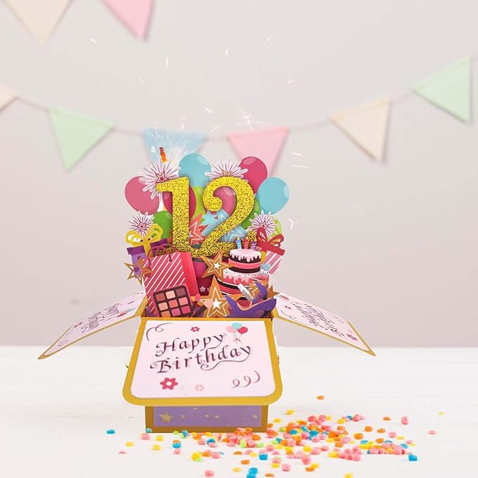 Asmallgf Sweet 12th Birthday Pop Up Birthday Card for Girl Boy, Great 12 Years Old Birthday Gift for Daughter Niece, Happy Twelve Bday Popup Card for Sister Brother, Unique 12 Birthday Gift Idea for
