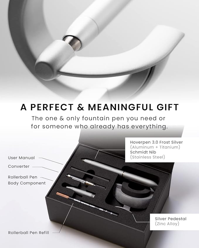 novium Hoverpen Future Edition - Luxury Fountain Pen & Rollerball Pen All-In Gift Box, Fine Nib, Futuristic Aesthetic, Aerospace Metal Made, Free Spinning Executive Pen, Mens Gift Ideas (Frost Silver)