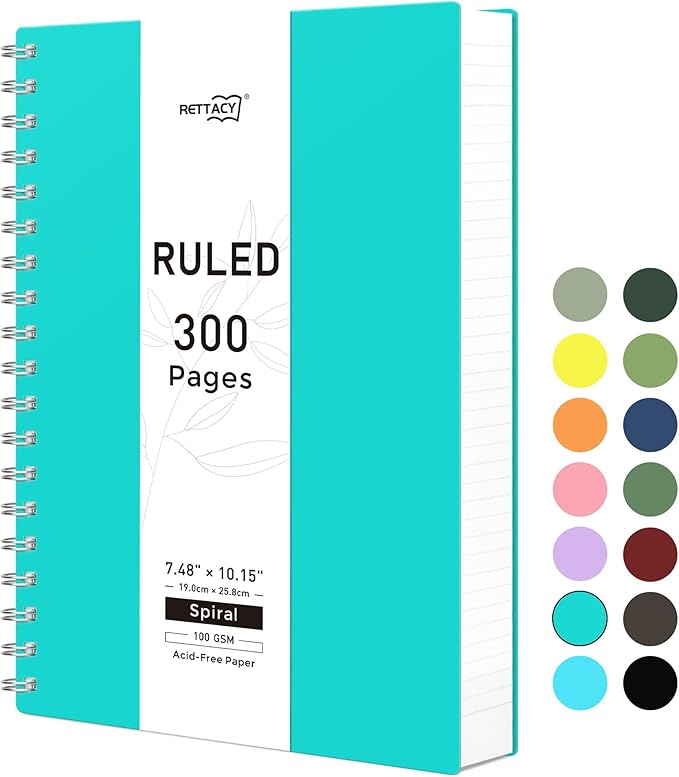 RETTACY Spiral College Ruled Notebook, 300 Pages, B5 Medium Size (7.4" x 10"), for School, Work, Writing, Journaling, 100 GSM Thick Paper, Flexible Plastic Cover (Tiffani Blue)