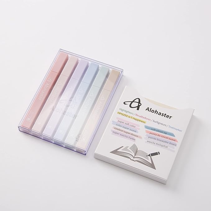 HPSIZEE Aesthetic Cute Highlighters Mild Assorted Colors With Soft Chisel Tip, No Bleed Dry Fast Easy to Hold, for Journal Bible Planner Notes School Office Supplies, 6 Pack - Happiness