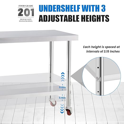 Stainless Steel Table for Prep & Work with 4 Caster Wheels with Undershelf 24 x 48 NSF Metal Commercial Kitchen Adjustable Under Shelf Worktable for Restaurant Home Outdoor
