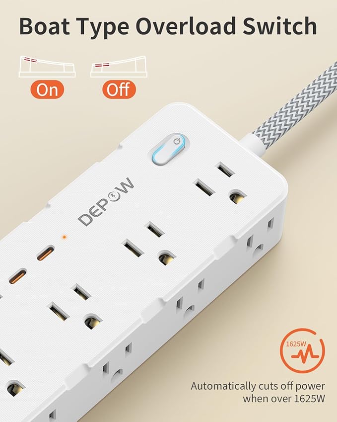 Power Strip Surge Protector, 5FT Braided Extension Cord with Multiple Outlets-8 AC Outlets 4 USB Ports (2 USB C), Flag Plug Charging Station, 1700 Joule Surge Protection for Home Office, White