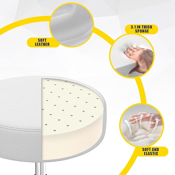 Rolling Stool, Heavy Weight Capacity 250lb, PU Leather Rolling stools, Ultra Soft Padded Seat, Rolling Stools with Wheels and Footrest, 360° Swivel, Spa Drawing Salon Work Office Tattoo Stool (white)