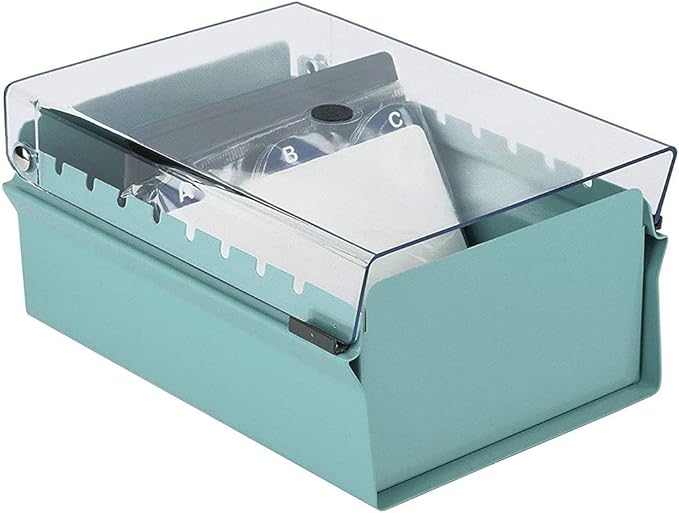 Acrimet 3 x 5 Card File Holder Organizer Box Metal Base Heavy Duty (AZ Index Cards and Divider Included) (Green Color with Clear Crystal Plastic Lid Cover)