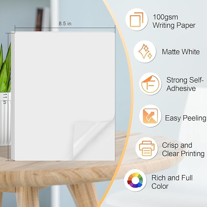 Printable Sticker Paper for Inkjet Printer, 300 Sheets 8.5" x11” Matte Sticker Printer Paper Full Sheet Labels, Sticker Paper for Printer Sticker Labels, for Laser/Inkjet Printers, Letter Size