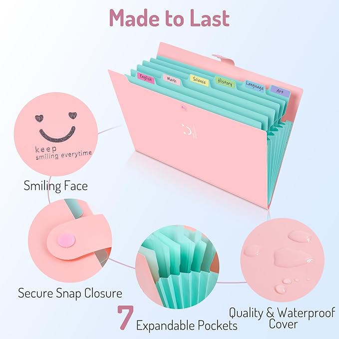 Forvencer Accordion File Organizer, Letter Size, 7 Pocket Expanding File Folder, Cute File Folder with Labels, Portable File Organizer for School Office Supplies, Folders for Documents, Black