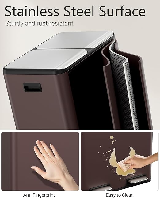 TLSUNNY Kitchen Dual Trash Can, 60L Hands-Free Stainless Steel Garbage Can, Classified Rubbish Bin with Double Compartments, Soft-Close Lid, Inner Bucket, Odor Control (60L) (Brown)
