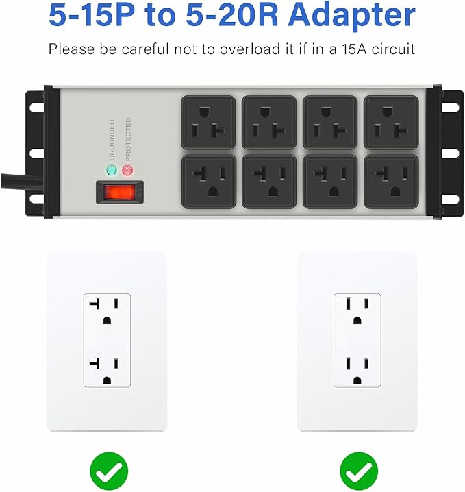 CCCEI 2PCS Heavy Duty Power Strip Surge Protector 20 AMP, 8 Outlets 12 Gauge Shop Garage Metal Multiple Outlets, 4 FT Extension Cord 5-15P Adapter High Amp 6-20R T-Slot 20a for Appliance Grey.