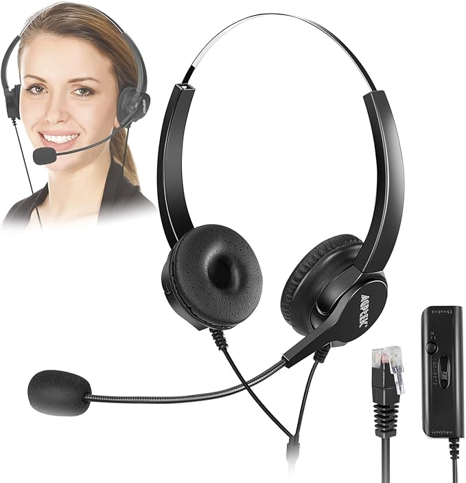 AGPTEK Hands-Free Call Center Noise Cancelling Corded Binaural Headset Headphone with 4-Pin RJ9 Crystal Head and Mic Microphone for Desk Phone - Telephone Counselling Services, Insurance, Hospitals