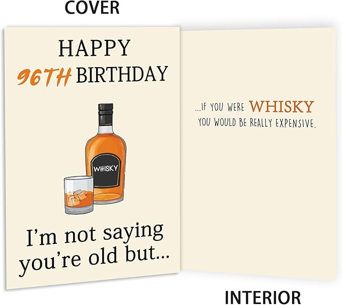 Funny 96th Birthday Card, Best 96th Birthday Gifts for Women Men, Happy 96th Birthday Decorations for Dad Mom Grandpa Grandma, Whiskey 96 Year Old Bday Decor Card