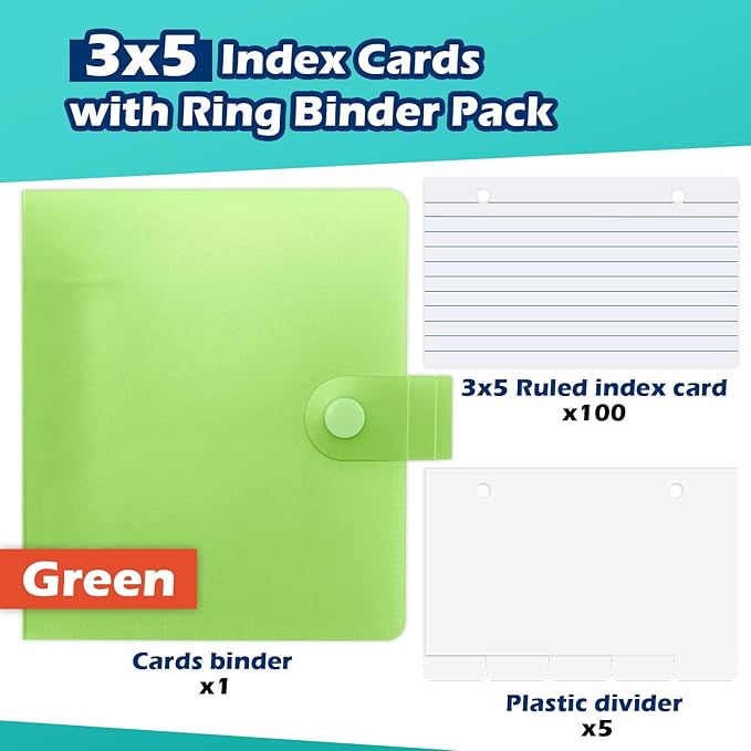 3x5 Lined Index Cards with Ring Binder Holder and Dividers, 100 Ruled Cards, Green