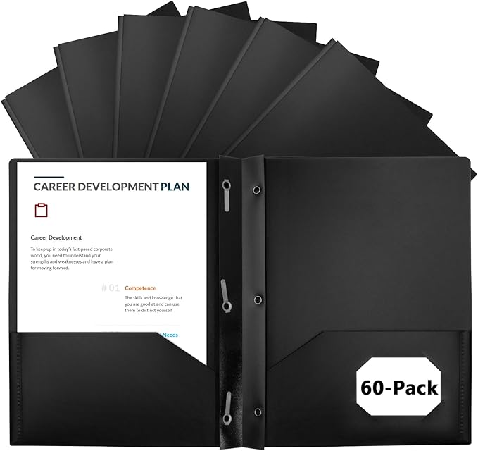 60-Pack Plastic Folders with Pockets and Prongs,2-Pocket Folders with 3 Fasteners, Poly Folders Holds 8-1/2" x 11" Paper for School/Office/Home, Black