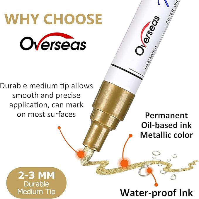 Overseas Paint Marker Pens - 5 Pack Permanent Oil Based Paint Markers, Metallic, Medium Tip, Quick Drying, Waterproof, Assorted Colors Marker for Metal, Rock, Wood, Plastic, Canvas, Glass, Rubber