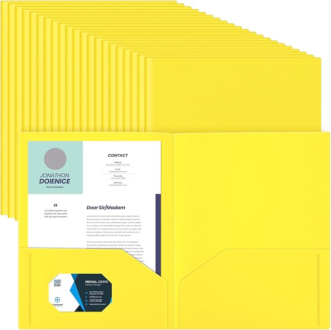Gueevin 24 Pcs Plastic Folders with Pockets, Two Pocket Folder Fit Letter Size, Heavy Duty School Business Card Holder for Home Office School Bussiness, 11.61 x 9.45 Inches (Yellow)